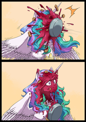 Size: 993x1401 | Tagged: safe, artist:hazurasinner, character:princess celestia, species:alicorn, species:pony, 2 panel comic, comic, female, food, mare, pie, pie in the face, pied, this will end in tears and/or a journey to the moon