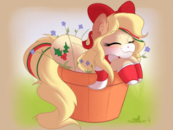 Size: 2100x1575 | Tagged: safe, artist:zobaloba, oc, oc:hollie, species:earth pony, species:pony, commission, flower, flower pot, soft shading, solo, ych example, ych result, your character here