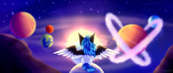 Size: 4492x1900 | Tagged: safe, artist:honeybbear, oc, oc:beatz, species:pony, earth, female, jupiter, mare, mars, mercury (planet), neptune, nocturnal howler, original species, planet, planetary ring, pluto (planet), saturn, solar system, solo, space, sun, tangible heavenly object, two toned wings, venus, wings