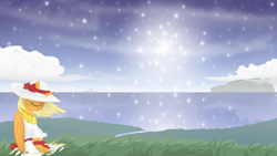 Size: 1920x1080 | Tagged: safe, artist:eagle1division, oc, oc only, species:alicorn, species:pony, fanfic:tapestry: a world apart, a world apart, alicorn oc, bow, clothing, dress, eyes closed, female, grass, grass field, hat, mare, ribbon, scenery, scenery porn, solo, starry night, sundress, windswept mane