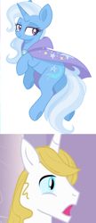 Size: 688x1588 | Tagged: safe, artist:cinnamontee, edit, character:prince blueblood, character:trixie, species:pony, ship:bluetrix, female, male, reaction, shipping, straight