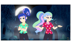 Size: 1173x681 | Tagged: safe, artist:anime-equestria, character:princess celestia, character:princess luna, species:human, episode:between dark and dawn, g4, my little pony: friendship is magic, my little pony:equestria girls, alternate hairstyle, clothing, crossed arms, equestria girls interpretation, everfree forest, eyeshadow, female, fog, forest, hawaiian shirt, human coloration, makeup, moon, night, palindrome get, pants, ponytail, royal sisters, scene interpretation, shirt, shrug, siblings, sisters, smiling, smug, watch