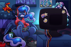 Size: 3000x2000 | Tagged: safe, artist:shyshyoctavia, character:princess celestia, character:princess luna, species:alicorn, species:pony, gamer luna, angry, banjo kazooie, bedroom, clothing, controller, drink, drinking straw, headset, hoodie, jiggy, kazooie, nintendo 64, poster, sticker, television