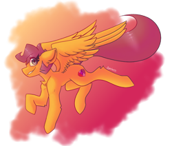 Size: 1000x846 | Tagged: safe, artist:synnibear03, character:scootaloo, species:pegasus, species:pony, g4, abstract background, chest fluff, cute, cutealoo, cutie mark, ear fluff, eye clipping through hair, eyebrows, eyebrows visible through hair, female, leg fluff, looking at you, older, older scootaloo, partial background, profile, scootaloo can fly, signature, simple background, smiling, solo, speedpaint available, spread wings, the cmc's cutie marks, transparent background, wings
