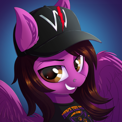 Size: 3000x3000 | Tagged: safe, artist:ask-colorsound, species:pegasus, species:pony, bust, cap, clothing, commission, grin, hair over one eye, hat, looking at you, male, nose piercing, pierce the veil, piercing, ponified, shirt, smiling, smug, solo, spread wings, stallion, vic fuentes, wings, ych result