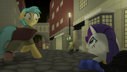 Size: 1920x1080 | Tagged: safe, artist:eagle1division, character:rarity, oc, species:pony, fanfic:tapestry: a world apart, a world apart, alternate timeline, alternate universe, breath, city, cloak, clothing, cobblestone street, cold, confused, dress, fanfic art, floppy ears, lamppost, lidded eyes, open mouth, scared, scuff mark, shirt, shoes, socks, street, striped socks