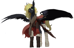 Size: 4002x2612 | Tagged: safe, artist:nsilverdraws, oc, oc only, oc:veen sundown, species:pegasus, species:pony, artificial wings, augmented, bandage, cape, clothing, female, horse, leather armor, mare, scabbard, scar, scarf, simple background, sketch, solo, spread wings, sundown clan, transparent background, wings