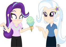 Size: 1370x988 | Tagged: safe, artist:anime-equestria, character:starlight glimmer, character:trixie, species:human, my little pony:equestria girls, alternate hairstyle, blushing, breasts, busty starlight glimmer, clothing, dropped ice cream, duo, embarrassed, eyeshadow, food, human coloration, ice cream, makeup, pointing, shirt, simple background, smiling, transparent background, vector