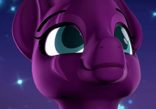 Size: 600x422 | Tagged: safe, artist:argodaemon, character:tempest shadow, species:pony, 3d, animated, close-up, female, ponies the anthology vii, smiling, solo, some mares just want to watch the world burn