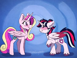 Size: 2048x1536 | Tagged: safe, artist:incendiaryboobs, character:princess cadance, character:shining armor, character:twilight sparkle, character:twilight sparkle (alicorn), species:alicorn, species:pony, ambiguous gender, blushing, eye contact, female, fusion, looking at each other, mare, unshorn fetlocks
