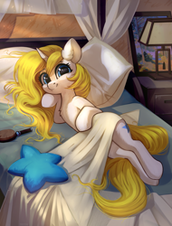 Size: 3300x4336 | Tagged: safe, artist:taneysha, oc, oc only, oc:dream puff, species:pony, species:unicorn, g4, bed, bedroom eyes, brush, chest fluff, cute, female, looking at you, lying down, mare, ocbetes, painting, pillow, reclining, sheet, smiling, solo, sweet dreams fuel, unicorn oc