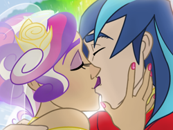 Size: 1024x768 | Tagged: safe, artist:thelivingmachine02, character:princess cadance, character:shining armor, species:human, ship:shiningcadance, colored, eyes closed, female, flower, flower in hair, humanized, husband and wife, kissing, male, shipping, smiling, straight