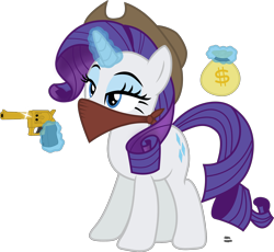 Size: 2192x2016 | Tagged: safe, artist:anime-equestria, character:rarity, species:pony, species:unicorn, bandana, clothing, cowboy hat, cowgirl, eyeshadow, female, glowing horn, gold weapon, gun, handgun, hat, horn, magic, makeup, money bag, revolver, robbery, simple background, solo, telekinesis, transparent background, vector, weapon, wild west