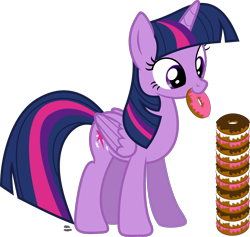 Size: 1652x1567 | Tagged: safe, artist:anime-equestria, character:twilight sparkle, character:twilight sparkle (alicorn), species:alicorn, species:pony, cute, donut, female, food, happy, mare, mouth hold, simple background, solo, stacking, transparent background, twiabetes, vector