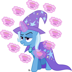 Size: 2259x2248 | Tagged: safe, artist:anime-equestria, character:trixie, species:pony, species:unicorn, cape, clothing, cup, female, food, glowing horn, hat, horn, magic, mare, simple background, smiling, smirk, solo, tea, teacup, telekinesis, that pony sure does love teacups, transparent background, trixie's cape, trixie's hat