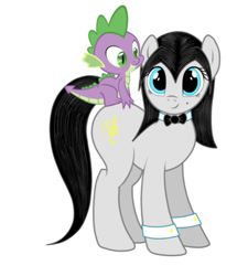 Size: 750x833 | Tagged: safe, artist:thepianistmare, edit, editor:undeadponysoldier, character:spike, oc, oc:klavinova, species:dragon, species:pony, bow tie, canon x oc, cuffs (clothes), dragons riding ponies, riding, shipping, spikenova