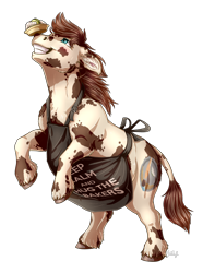 Size: 3200x4068 | Tagged: safe, artist:gaelledragons, oc, oc:kie dough, species:pony, apron, baker, chubby, clothing, cow tail, cute, desert, fat, hybrid, keep calm, keep calm and carry on, male, rearing, simple background, smiling, solo, stallion, transparent background, unshorn fetlocks