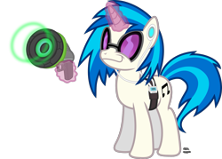Size: 1841x1321 | Tagged: safe, artist:anime-equestria, character:dj pon-3, character:vinyl scratch, species:pony, species:unicorn, belt, crossover, earbuds, female, headphones, horn, lucio, magic, mp3 player, overwatch, smiling, smug, solo, sunglasses, weapon