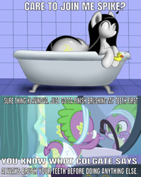Size: 641x805 | Tagged: safe, artist:thepianistmare, edit, edited screencap, editor:undeadponysoldier, screencap, character:spike, oc, oc:klavinova, species:dragon, species:earth pony, species:pony, episode:the crystalling, g4, my little pony: friendship is magic, bathroom, bathtub, brushing teeth, canon x oc, caption, claw foot bathtub, cute, female, happy, image macro, implied colgate, male, mare, music notes, rubber duck, sink, spikenova, straight, text, toothbrush, toothpaste, towel