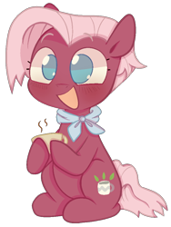Size: 730x970 | Tagged: safe, artist:pinkiespresent, character:jasmine leaf, species:earth pony, species:pony, g4, cup, cute, female, jasminebetes, no pupils, sitting, solo, teacup