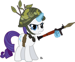 Size: 1736x1446 | Tagged: safe, artist:anime-equestria, character:rarity, species:pony, species:unicorn, angry, army, army helmet, belt, camouflage, female, grenade, grenades, helmet, leaves, looking at you, magic, mare, pouch, rocket launcher, rpg, simple background, solo, sticks, transparent background, twigs, vector, war, weapon