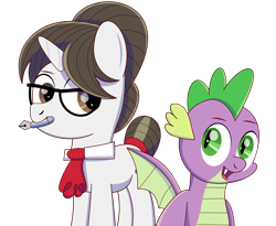 Size: 2529x2070 | Tagged: safe, artist:trackheadtherobopony, character:raven inkwell, character:spike, species:dragon, species:pony, species:unicorn, ship:ravenspike, ascot, female, glasses, hair bun, horn, ink pen, male, secretary, shipping, straight, wings