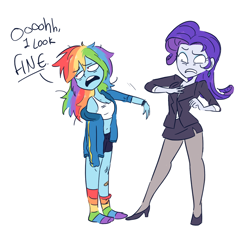 Size: 1224x1151 | Tagged: safe, artist:drawbauchery, edit, character:rainbow dash, character:rarity, my little pony:equestria girls, alternate costumes, business suit, clothing, color edit, colored, crime against fashion, cringing, dialogue, duo, duo female, female, messy hair, rainbow socks, simple background, socks, striped socks, tomboy, white background