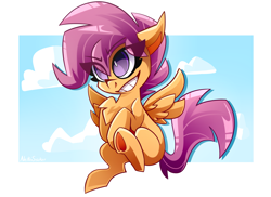 Size: 3779x2757 | Tagged: safe, artist:nekosnicker, character:scootaloo, species:pegasus, species:pony, chest fluff, cloud, cute, cutealoo, eye clipping through hair, female, heart, hoof heart, sky, smiling, solo, spread wings, wings