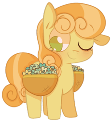 Size: 500x538 | Tagged: safe, artist:pinkiespresent, character:junebug, species:earth pony, species:pony, background pony, basket, cute, ear down, female, flower, mare, no pupils, one eye closed, saddle basket, simple background, solo, transparent background