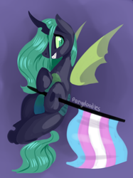 Size: 1280x1707 | Tagged: safe, artist:incendiaryboobs, character:queen chrysalis, species:changeling, changeling queen, female, gender headcanon, green changeling, lgbt headcanon, pride, pride flag, sharp teeth, solo, teeth, trans female, transgender, transgender pride flag