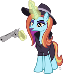 Size: 1333x1568 | Tagged: safe, artist:anime-equestria, character:sassy saddles, species:pony, species:unicorn, clothing, coat, detective, eyeshadow, female, gun, handgun, hat, magic, makeup, mare, noir, open mouth, revolver, simple background, solo, telekinesis, transparent background, trenchcoat, vector, weapon