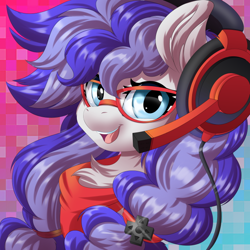 Size: 670x670 | Tagged: safe, artist:ask-colorsound, oc, oc only, oc:cinnabyte, species:earth pony, species:pony, adorkable, bandana, chest fluff, cute, dork, earth pony oc, female, gaming headset, glasses, headset, icon, looking at you, mare, open mouth, smiling, solo