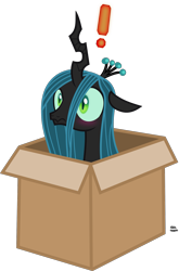 Size: 1417x2151 | Tagged: safe, artist:anime-equestria, character:queen chrysalis, species:changeling, blushing, box, cardboard box, caught, changeling in a box, changeling queen, cute, cutealis, exclamation point, female, metal gear, simple background, solo, transparent background, vector