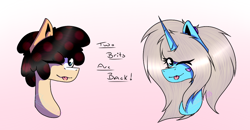 Size: 882x460 | Tagged: safe, artist:chazmazda, artist:timidwithapen, oc, oc only, oc:charlie gallaxy-starr, oc:timid cookie, species:alicorn, species:earth pony, species:pony, ;p, bust, duo, one eye closed, portrait, tongue out, wink