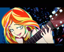 Size: 1600x1297 | Tagged: safe, artist:tyuubatu, character:sunset shimmer, episode:let it rain, g4, my little pony: equestria girls, my little pony:equestria girls, spoiler:eqg series (season 2), digital art, electric guitar, female, guitar, musical instrument, smiling, solo