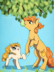 Size: 1536x2047 | Tagged: safe, artist:incendiaryboobs, character:pear butter, oc, species:earth pony, species:pony, female, filly, food, male, pear, stallion, younger