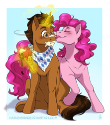 Size: 841x950 | Tagged: safe, artist:hazurasinner, commissioner:imperfectxiii, character:pinkie pie, oc, oc:copper plume, species:earth pony, species:pony, species:unicorn, blushing, canon x oc, commission, copperpie, female, food, freckles, glasses, glowing horn, horn, ice cream, ice cream cone, licking, magic, magic aura, male, mare, messy eating, neckerchief, one eye closed, shipping, simple background, stallion, straight, telekinesis, tongue out, transparent background