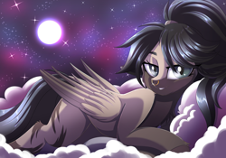 Size: 3194x2238 | Tagged: source needed, useless source url, safe, artist:ask-colorsound, oc, oc only, oc:rhea, species:pegasus, species:pony, clothing, cloud, colored wings, female, full moon, gradient wings, jacket, looking at you, mare, moon, night, night sky, nose piercing, nose ring, pegasus oc, piercing, ponytail, prone, sky, slit eyes, smiling, solo, starry night, stars, wings