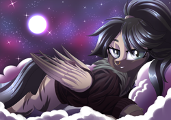 Size: 3194x2238 | Tagged: source needed, useless source url, safe, alternate version, artist:ask-colorsound, oc, oc only, oc:rhea, species:pegasus, species:pony, bomber jacket, clothing, cloud, colored wings, female, full moon, gradient wings, jacket, looking at you, mare, moon, night, night sky, nose piercing, nose ring, piercing, ponytail, prone, sky, slit eyes, smiling, solo, starry night, stars, wings