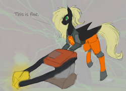 Size: 1825x1326 | Tagged: safe, artist:nsilverdraws, oc, oc only, oc:veen sundown, species:pegasus, species:pony, clothing, female, half-life, hev suit, horse, mare, ponytail, resonance cascade, sketch, solo, suit, sundown clan, test chamber, this is fine, this will not end well