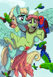 Size: 4404x6348 | Tagged: safe, artist:celestial-rainstorm, character:tree hugger, character:zephyr breeze, species:earth pony, species:parrot, species:pegasus, species:pony, g4, absurd resolution, female, male, mare, open mouth, open smile, shipping, smiling, stallion, straight, tarzan, zephyrhugger