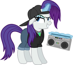 Size: 1527x1369 | Tagged: safe, artist:anime-equestria, derpibooru original, character:rarity, species:pony, species:unicorn, alternate hairstyle, backwards ballcap, baseball cap, boombox, cap, clothing, eyeshadow, female, glowing horn, hat, hip hop, hoodie, horn, jeans, magic, makeup, mare, pants, shirt, simple background, smiling, smirk, solo, transparent background, vector