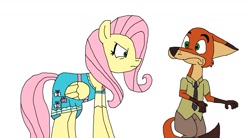 Size: 1821x1005 | Tagged: safe, artist:hunterxcolleen, character:fluttershy, species:fox, species:pegasus, species:pony, angry, clothing, crossover, dress, necktie, nick wilde, simple background, white background, zootopia