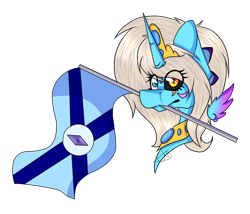 Size: 700x600 | Tagged: safe, artist:chazmazda, oc, oc only, oc:charlie gallaxy-starr, species:alicorn, species:pony, black sclera, bust, female, flag, heterochromia, mare, mismatched eyes, mouth hold, shade, simple background, sketch, slit eyes, solo, transparent background