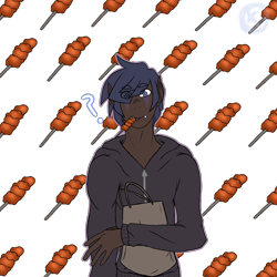 Size: 1688x1688 | Tagged: safe, artist:moonaknight13, oc, oc:nireus eclipse, species:human, bag, clothing, dark skin, food, humanized, kebab, shopping bags, simple background, solo, transparent background