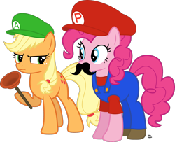 Size: 2200x1783 | Tagged: safe, artist:anime-equestria, character:applejack, character:pinkie pie, species:earth pony, species:pony, annoyed, cap, clothing, costume, crossover, duo, facial hair, female, hat, luigi, luigi's hat, luijack, male, mario, mario & luigi, mario and luigi, mario's hat, mariopie, moustache, nintendo, overalls, plumber, plunger, shirt, shoes, simple background, straight, super mario bros., transparent background, undershirt, vector