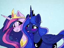 Size: 2048x1536 | Tagged: safe, artist:incendiaryboobs, character:princess luna, character:twilight sparkle, character:twilight sparkle (alicorn), species:alicorn, species:pony, ship:twiluna, episode:the last problem, g4, my little pony: friendship is magic, best friends, best friends until the end of time, blep, blushing, crown, cutie mark, digital art, ear piercing, earring, eyeshadow, female, horn, horn ring, jewelry, lesbian, lidded eyes, looking at each other, makeup, mare, older, older twilight, peytral, piercing, princess twilight 2.0, regalia, shipping, smiling, tongue out, ultimate twilight