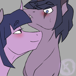 Size: 844x844 | Tagged: safe, artist:moonaknight13, character:twilight sparkle, oc, oc:nireus eclipse, species:pony, species:unicorn, blushing, crack shipping, markings, original species, shipping, simple background, smiling, smirk