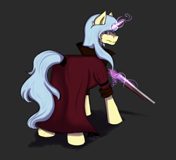 Size: 2200x2000 | Tagged: safe, artist:shamy-crist, oc, species:pony, species:unicorn, cloak, clothing, female, gray background, gun, magic, mare, rifle, simple background, solo, weapon