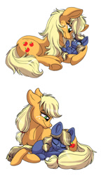 Size: 629x1092 | Tagged: safe, artist:celestial-rainstorm, character:applejack, oc, oc:juniper berry, parent:applejack, parent:oc:ash bark, parents:canon x oc, species:earth pony, species:pony, female, filly, mommajack, mother and daughter, offspring, prone, simple background, sleeping, white background